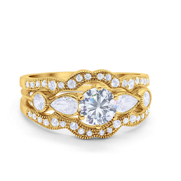 14K Yellow Gold Three Piece Wedding Promise Bridal Set Ring Band Engagement Simulated CZ Size-7